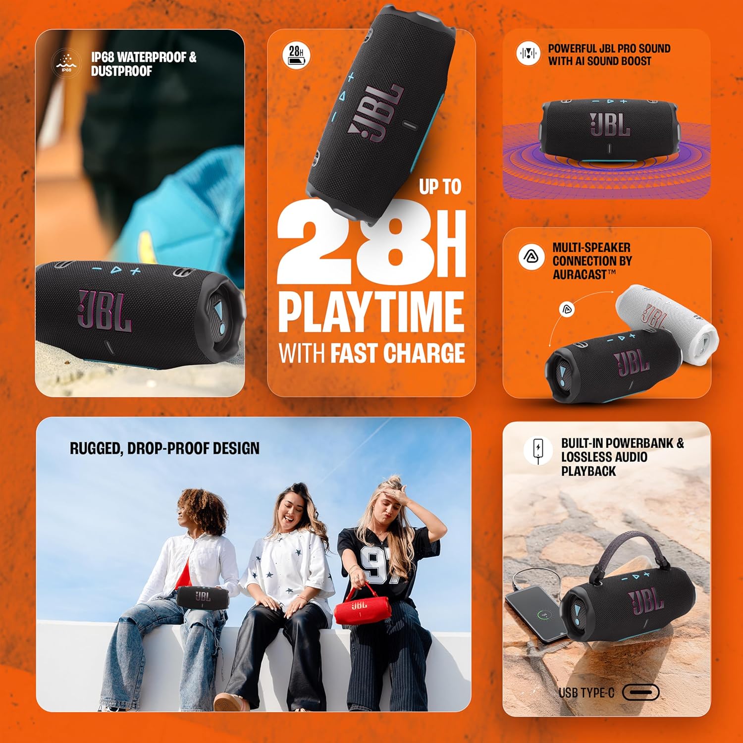 jbl charge 6, powerful pro sound with ai sound boost wireless portable bluetooth speaker,28 hrs playtime, auracast multi speaker connection, built in power bank, ip68 waterproof black & orange jbl charge 6, powerful pro sound with ai sound boost wireless portable bluetooth speaker,28 hrs playtime, auracast multi speaker connection, built in power bank, ip68 waterproof black & orange